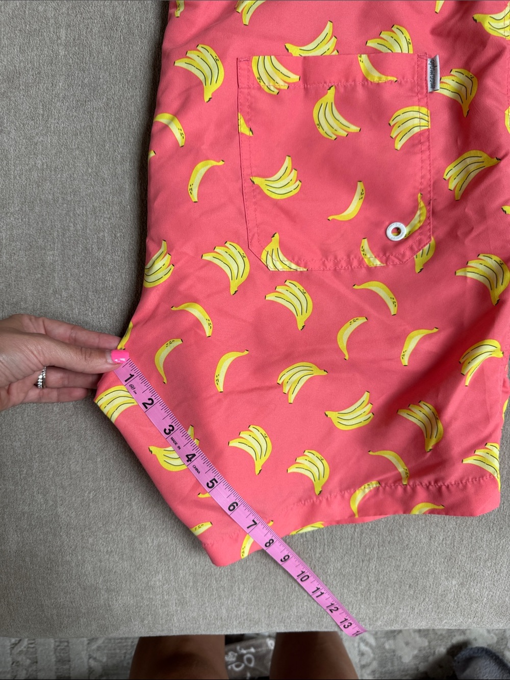 Coral Men's Swim Trunks with Yellow Banana Print - Picture 9 of 9